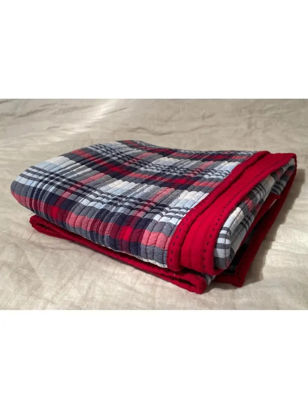 Pottery Barn Kids Plaid Quilt – 36” x 51” Red, White & Blue Reversible EUC